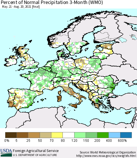 Europe Percent of Normal Precipitation 3-Month (WMO) Thematic Map For 5/21/2021 - 8/20/2021
