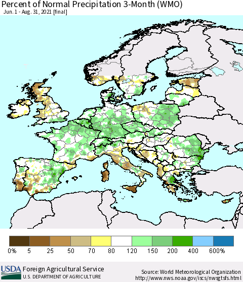 Europe Percent of Normal Precipitation 3-Month (WMO) Thematic Map For 6/1/2021 - 8/31/2021