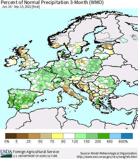 Europe Percent of Normal Precipitation 3-Month (WMO) Thematic Map For 6/16/2021 - 9/15/2021