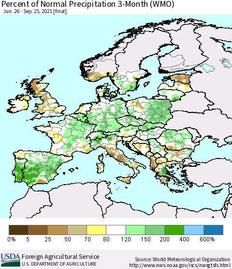 Europe Percent of Normal Precipitation 3-Month (WMO) Thematic Map For 6/26/2021 - 9/25/2021
