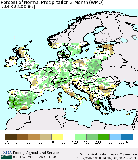 Europe Percent of Normal Precipitation 3-Month (WMO) Thematic Map For 7/6/2021 - 10/5/2021