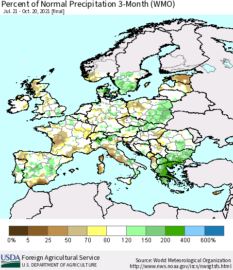 Europe Percent of Normal Precipitation 3-Month (WMO) Thematic Map For 7/21/2021 - 10/20/2021