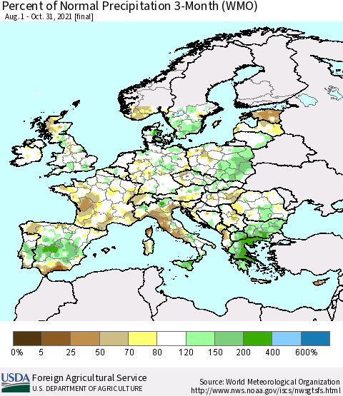 Europe Percent of Normal Precipitation 3-Month (WMO) Thematic Map For 8/1/2021 - 10/31/2021