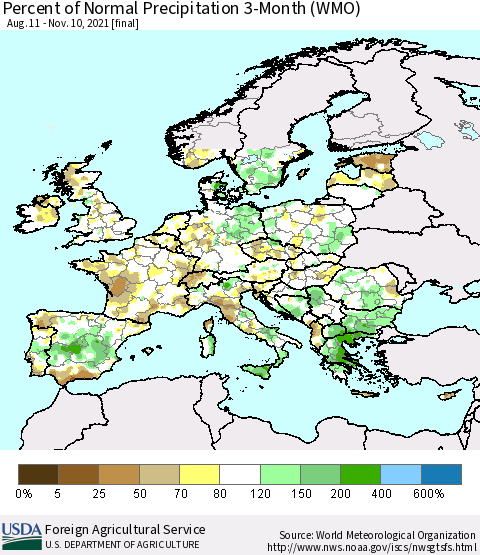 Europe Percent of Normal Precipitation 3-Month (WMO) Thematic Map For 8/11/2021 - 11/10/2021