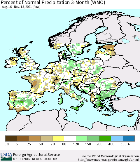Europe Percent of Normal Precipitation 3-Month (WMO) Thematic Map For 8/16/2021 - 11/15/2021