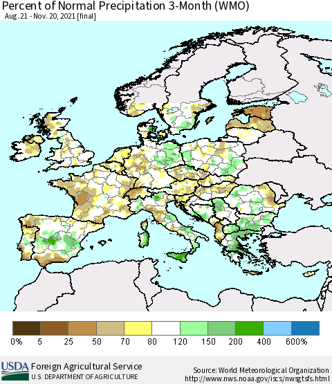 Europe Percent of Normal Precipitation 3-Month (WMO) Thematic Map For 8/21/2021 - 11/20/2021