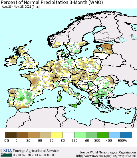 Europe Percent of Normal Precipitation 3-Month (WMO) Thematic Map For 8/26/2021 - 11/25/2021