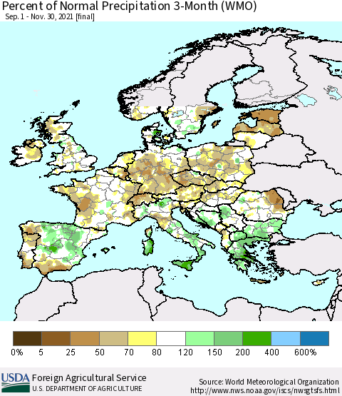 Europe Percent of Normal Precipitation 3-Month (WMO) Thematic Map For 9/1/2021 - 11/30/2021
