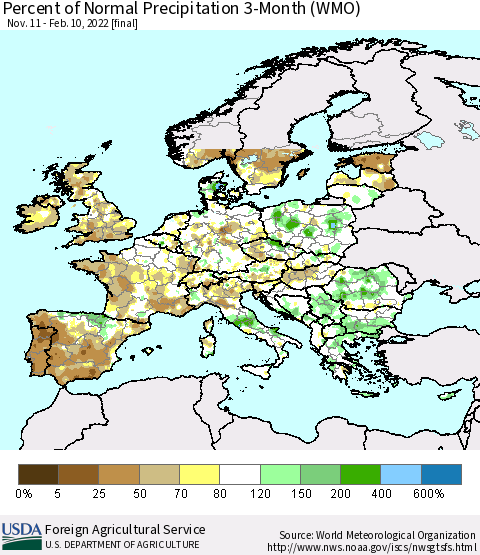Europe Percent of Normal Precipitation 3-Month (WMO) Thematic Map For 11/11/2021 - 2/10/2022