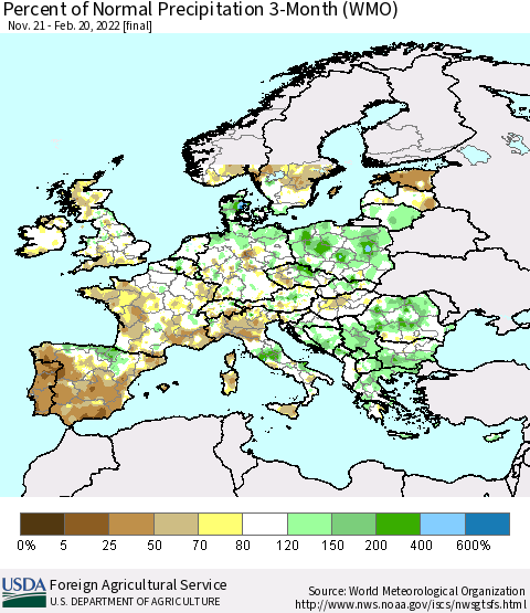 Europe Percent of Normal Precipitation 3-Month (WMO) Thematic Map For 11/21/2021 - 2/20/2022