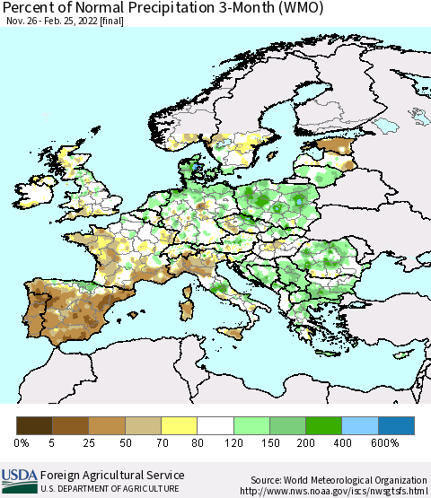 Europe Percent of Normal Precipitation 3-Month (WMO) Thematic Map For 11/26/2021 - 2/25/2022