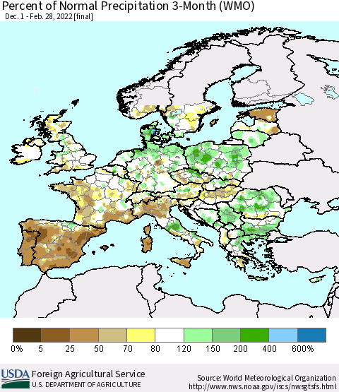Europe Percent of Normal Precipitation 3-Month (WMO) Thematic Map For 12/1/2021 - 2/28/2022
