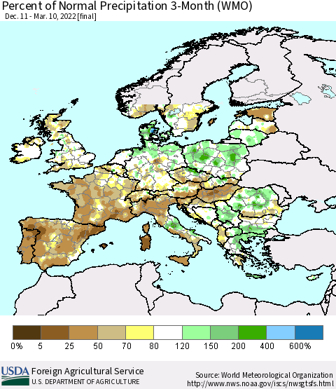 Europe Percent of Normal Precipitation 3-Month (WMO) Thematic Map For 12/11/2021 - 3/10/2022
