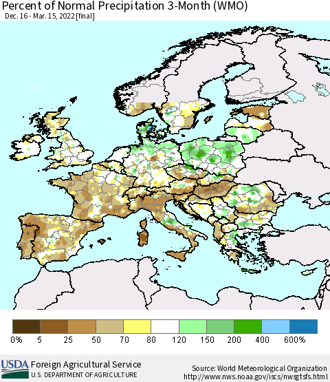 Europe Percent of Normal Precipitation 3-Month (WMO) Thematic Map For 12/16/2021 - 3/15/2022