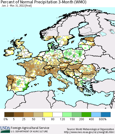 Europe Percent of Normal Precipitation 3-Month (WMO) Thematic Map For 1/1/2022 - 3/31/2022