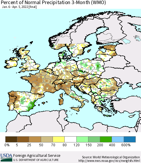 Europe Percent of Normal Precipitation 3-Month (WMO) Thematic Map For 1/6/2022 - 4/5/2022