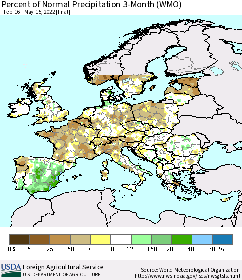 Europe Percent of Normal Precipitation 3-Month (WMO) Thematic Map For 2/16/2022 - 5/15/2022