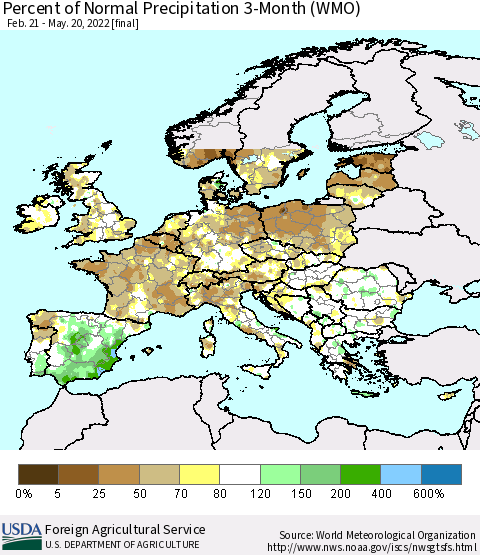 Europe Percent of Normal Precipitation 3-Month (WMO) Thematic Map For 2/21/2022 - 5/20/2022