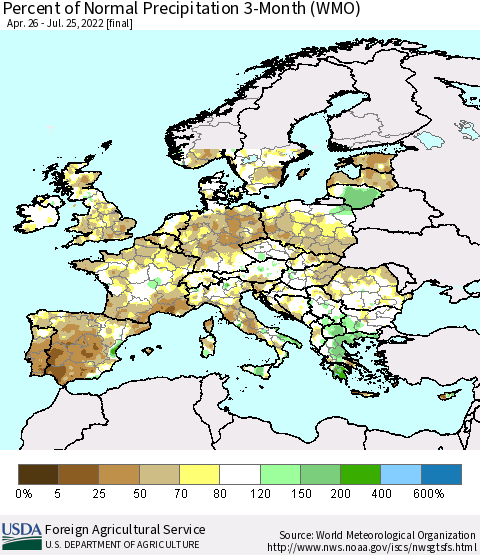 Europe Percent of Normal Precipitation 3-Month (WMO) Thematic Map For 4/26/2022 - 7/25/2022