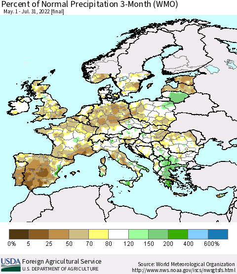 Europe Percent of Normal Precipitation 3-Month (WMO) Thematic Map For 5/1/2022 - 7/31/2022