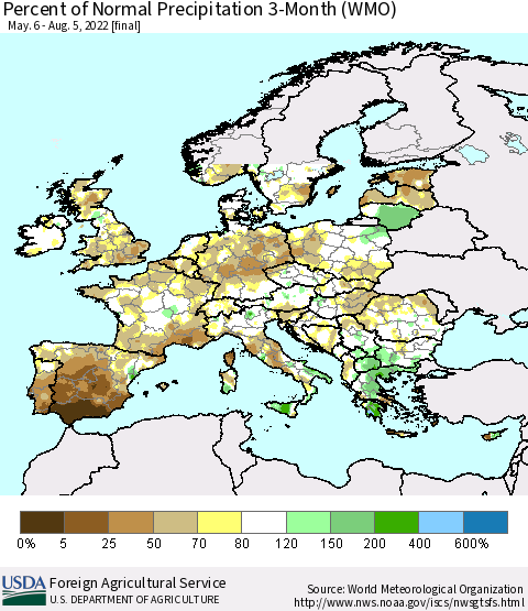 Europe Percent of Normal Precipitation 3-Month (WMO) Thematic Map For 5/6/2022 - 8/5/2022