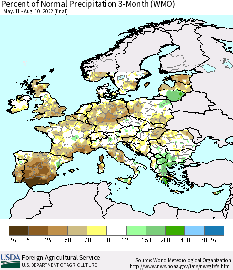 Europe Percent of Normal Precipitation 3-Month (WMO) Thematic Map For 5/11/2022 - 8/10/2022