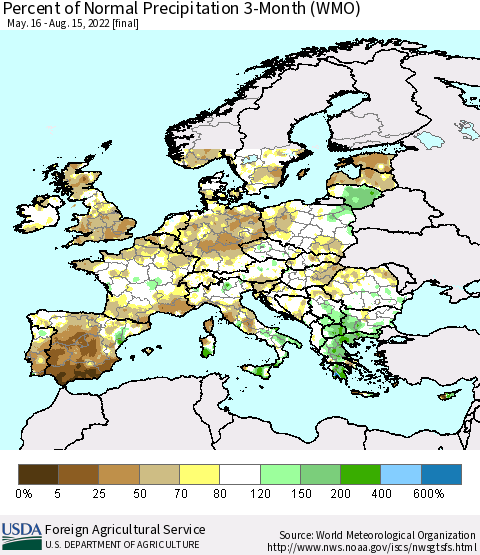 Europe Percent of Normal Precipitation 3-Month (WMO) Thematic Map For 5/16/2022 - 8/15/2022