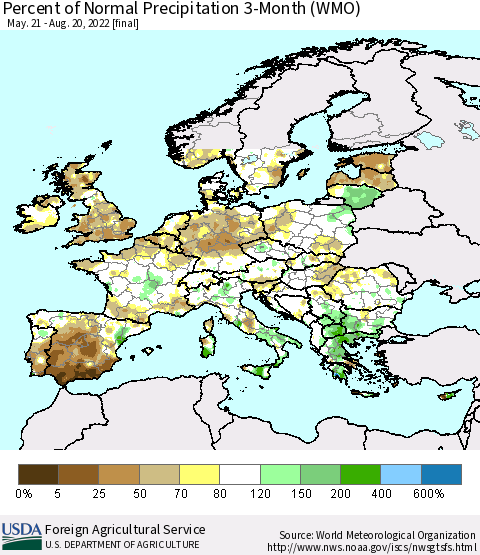 Europe Percent of Normal Precipitation 3-Month (WMO) Thematic Map For 5/21/2022 - 8/20/2022