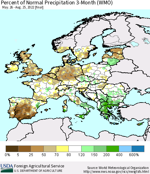 Europe Percent of Normal Precipitation 3-Month (WMO) Thematic Map For 5/26/2022 - 8/25/2022