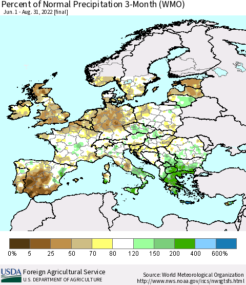 Europe Percent of Normal Precipitation 3-Month (WMO) Thematic Map For 6/1/2022 - 8/31/2022
