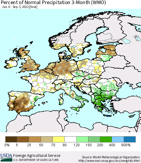 Europe Percent of Normal Precipitation 3-Month (WMO) Thematic Map For 6/6/2022 - 9/5/2022