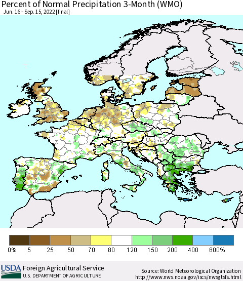 Europe Percent of Normal Precipitation 3-Month (WMO) Thematic Map For 6/16/2022 - 9/15/2022