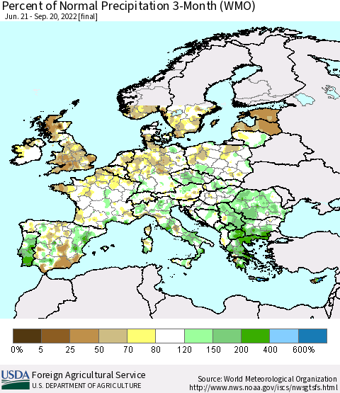 Europe Percent of Normal Precipitation 3-Month (WMO) Thematic Map For 6/21/2022 - 9/20/2022