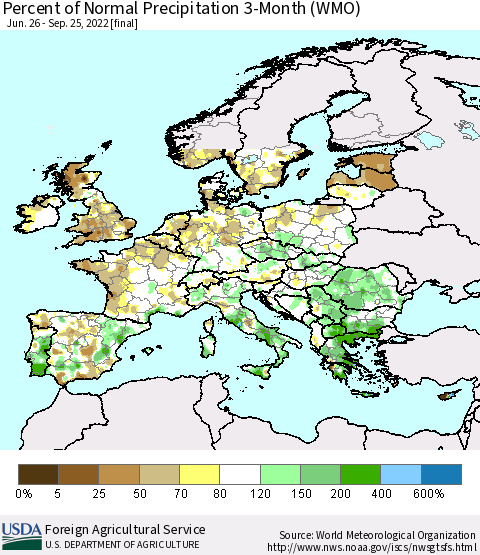 Europe Percent of Normal Precipitation 3-Month (WMO) Thematic Map For 6/26/2022 - 9/25/2022