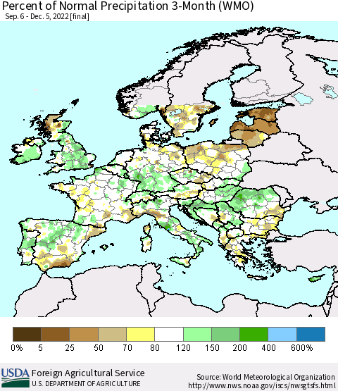 Europe Percent of Normal Precipitation 3-Month (WMO) Thematic Map For 9/6/2022 - 12/5/2022