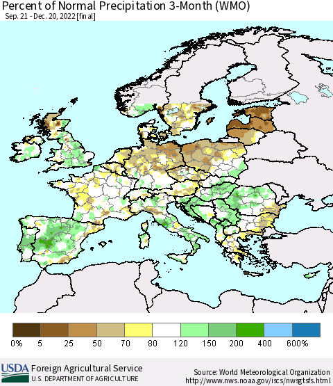 Europe Percent of Normal Precipitation 3-Month (WMO) Thematic Map For 9/21/2022 - 12/20/2022