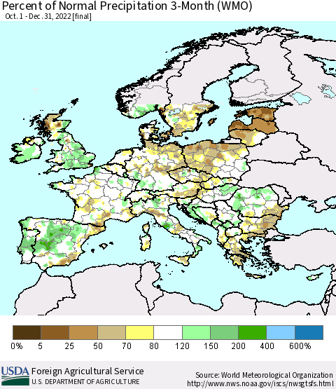 Europe Percent of Normal Precipitation 3-Month (WMO) Thematic Map For 10/1/2022 - 12/31/2022