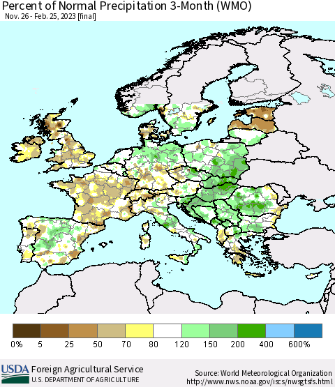 Europe Percent of Normal Precipitation 3-Month (WMO) Thematic Map For 11/26/2022 - 2/25/2023