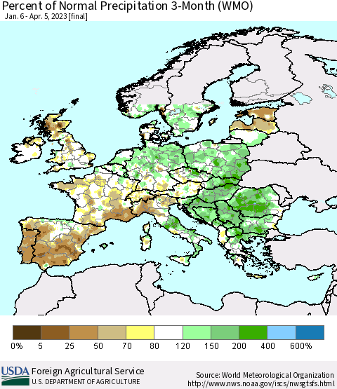 Europe Percent of Normal Precipitation 3-Month (WMO) Thematic Map For 1/6/2023 - 4/5/2023