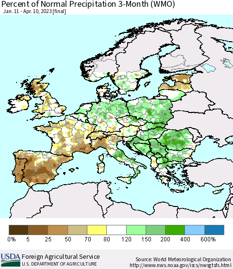Europe Percent of Normal Precipitation 3-Month (WMO) Thematic Map For 1/11/2023 - 4/10/2023