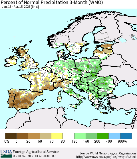 Europe Percent of Normal Precipitation 3-Month (WMO) Thematic Map For 1/16/2023 - 4/15/2023