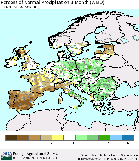 Europe Percent of Normal Precipitation 3-Month (WMO) Thematic Map For 1/21/2023 - 4/20/2023