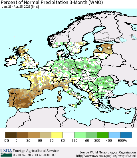 Europe Percent of Normal Precipitation 3-Month (WMO) Thematic Map For 1/26/2023 - 4/25/2023