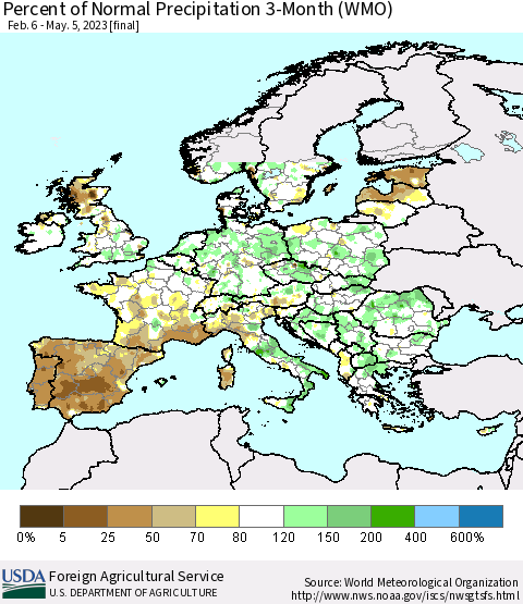 Europe Percent of Normal Precipitation 3-Month (WMO) Thematic Map For 2/6/2023 - 5/5/2023