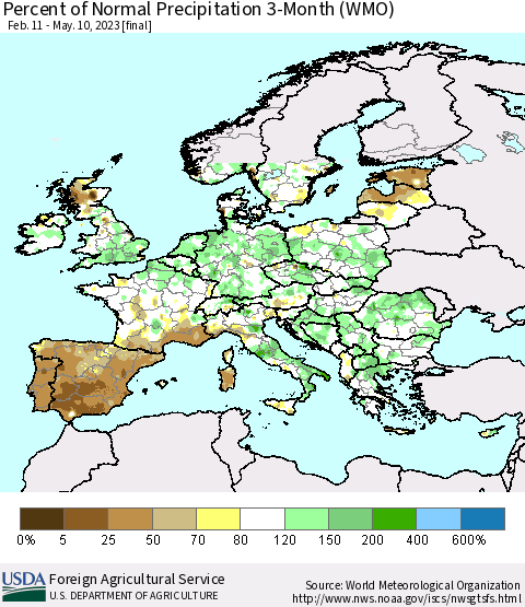 Europe Percent of Normal Precipitation 3-Month (WMO) Thematic Map For 2/11/2023 - 5/10/2023