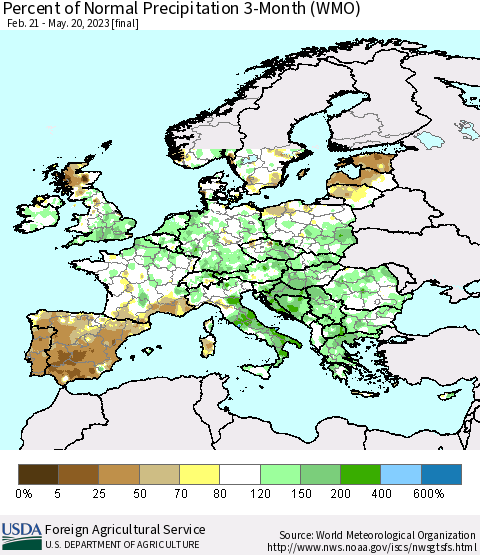 Europe Percent of Normal Precipitation 3-Month (WMO) Thematic Map For 2/21/2023 - 5/20/2023