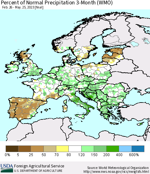 Europe Percent of Normal Precipitation 3-Month (WMO) Thematic Map For 2/26/2023 - 5/25/2023