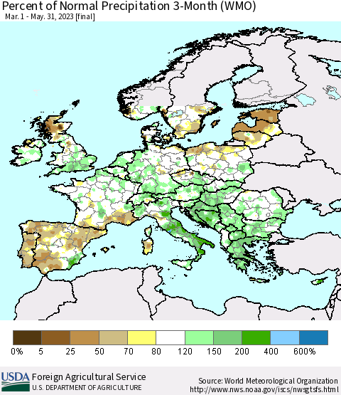Europe Percent of Normal Precipitation 3-Month (WMO) Thematic Map For 3/1/2023 - 5/31/2023