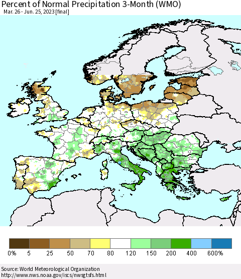 Europe Percent of Normal Precipitation 3-Month (WMO) Thematic Map For 3/26/2023 - 6/25/2023