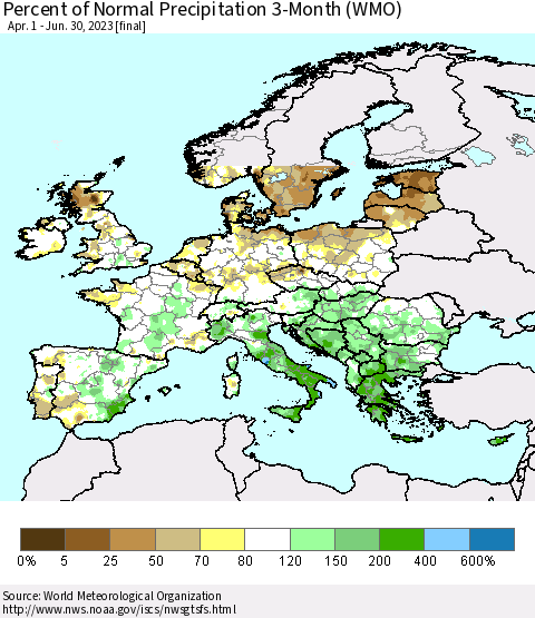 Europe Percent of Normal Precipitation 3-Month (WMO) Thematic Map For 4/1/2023 - 6/30/2023